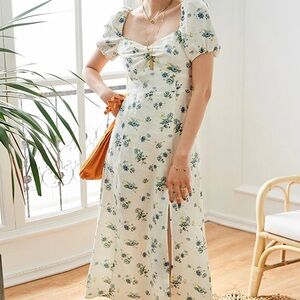 & Other Stories Cream and Blue Sheath Dress with Puff Sleeves